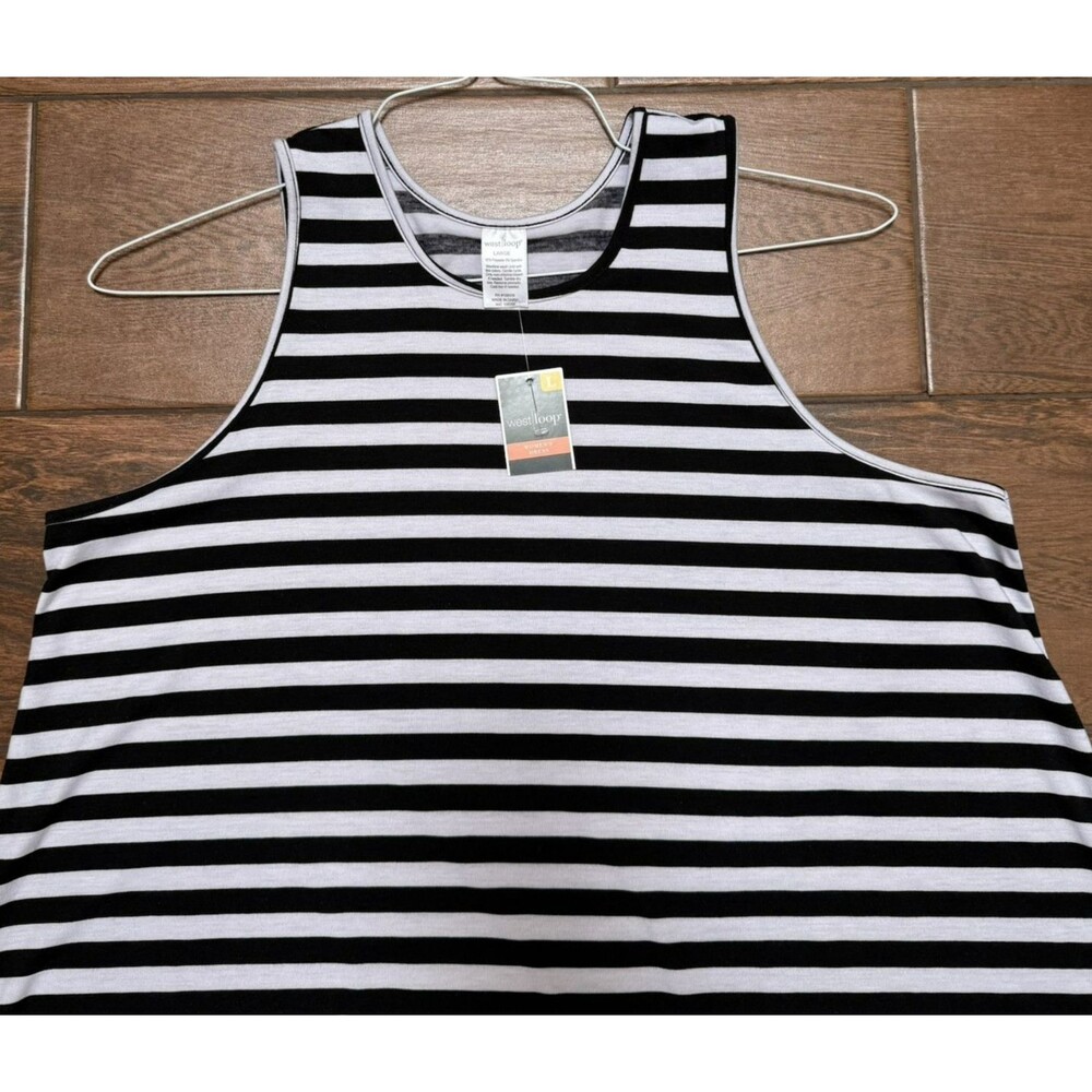 Women's L Swing Dress Black White Stripe Sleeveless Tank Knit Swimsuit Cover Up - Picture 5 of 5